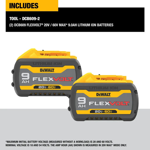 Dewalt FlexVolt battery packaging featuring two batteries in yellow and gray, highlighting high capacity.