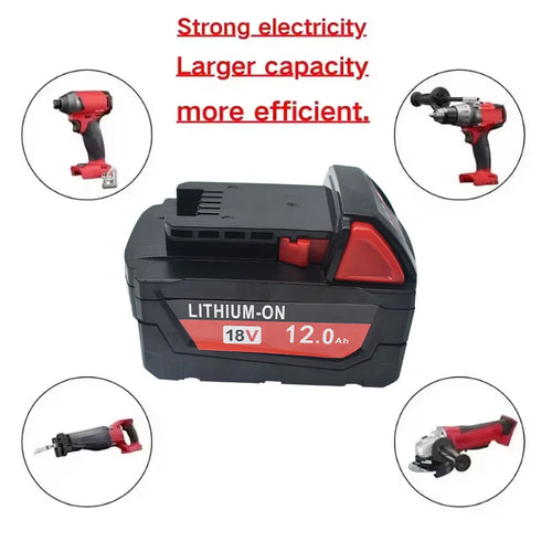 Detail view of black and red battery pack showcasing large capacity and efficient design.