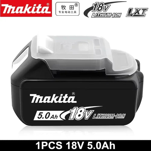 Makita battery in black and white packaging, compact design with 1PCS, 18V, 5.0Ah.