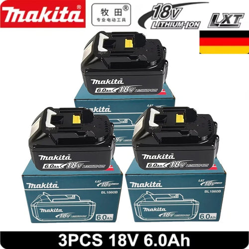 Makita battery pack in black and blue packaging with 3PCS, 18V, 6.0Ah features.