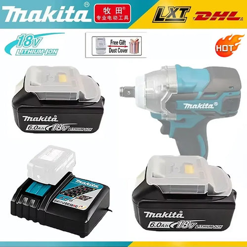 Makita battery set with two batteries and charger in black and blue packaging