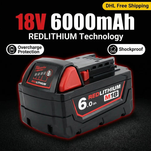 Milwaukee M18 battery pack in solid color packaging featuring 6000mAh and REDLITHIUM Technology.