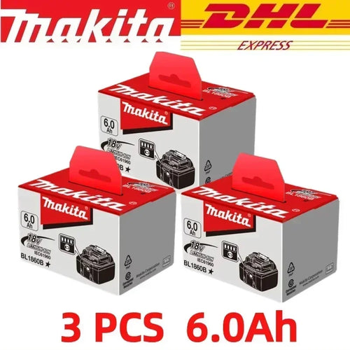 Makita battery pack in red and white packaging with DHL Express features.