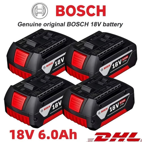 Bosch battery pack in black and red with 18V and 6.0Ah features on a white background