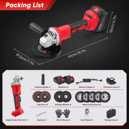 Packaging of the angle grinder with batteries and accessories in black and red.