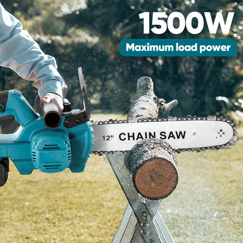 1500W electric chainsaw in blue and black against a natural background.
