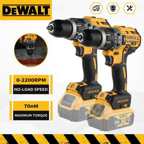 Dewalt cordless drill set in yellow and black, lifestyle shot with two drills.