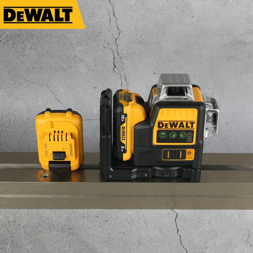 DEWALT laser level lifestyle shot with battery included, featuring colors yellow and black.
