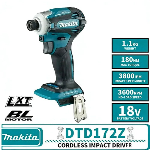Front view of the Makita cordless impact driver in blue and black with LED light.