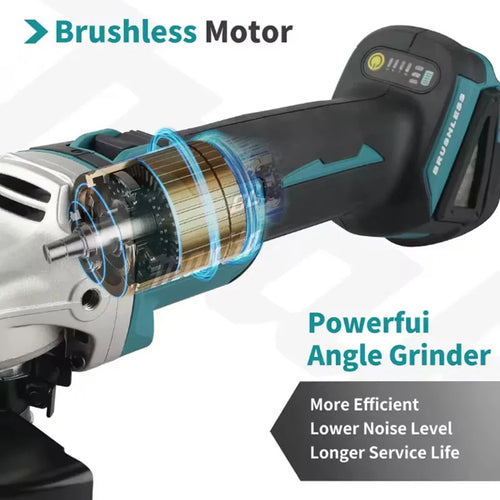 2026 New Makita DGA504 cordless grinder close-up detail, showcasing brushless motor.
