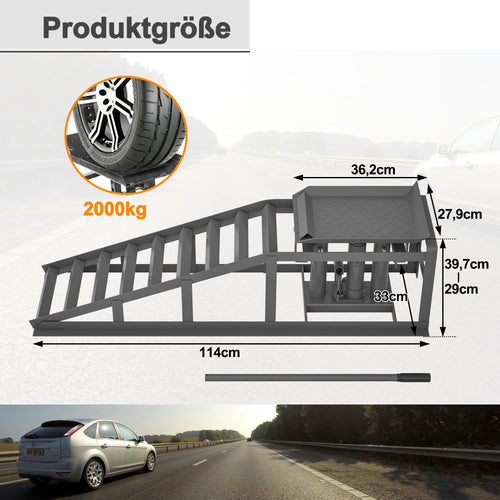 Car ramp dimensions shown in black and gray on a natural background