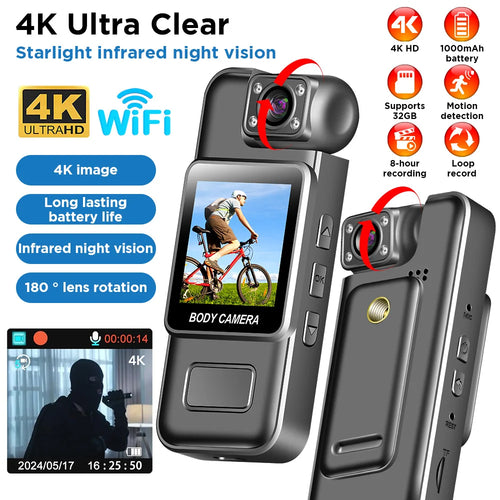 4K WiFi Mini Camera in black with night vision feature on a white background