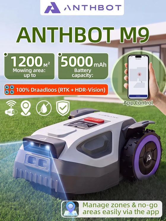 ANTHBOT M9 Robotic Lawn Mower, RTK Navigation + Dual Vision, 4G, 5000 mAh, 150 m²/h, 24° (45%) Slope, Multi-Zone Management, App Control, for Gardens up to 1200 m², Wire-Free Smart Lawn Robot