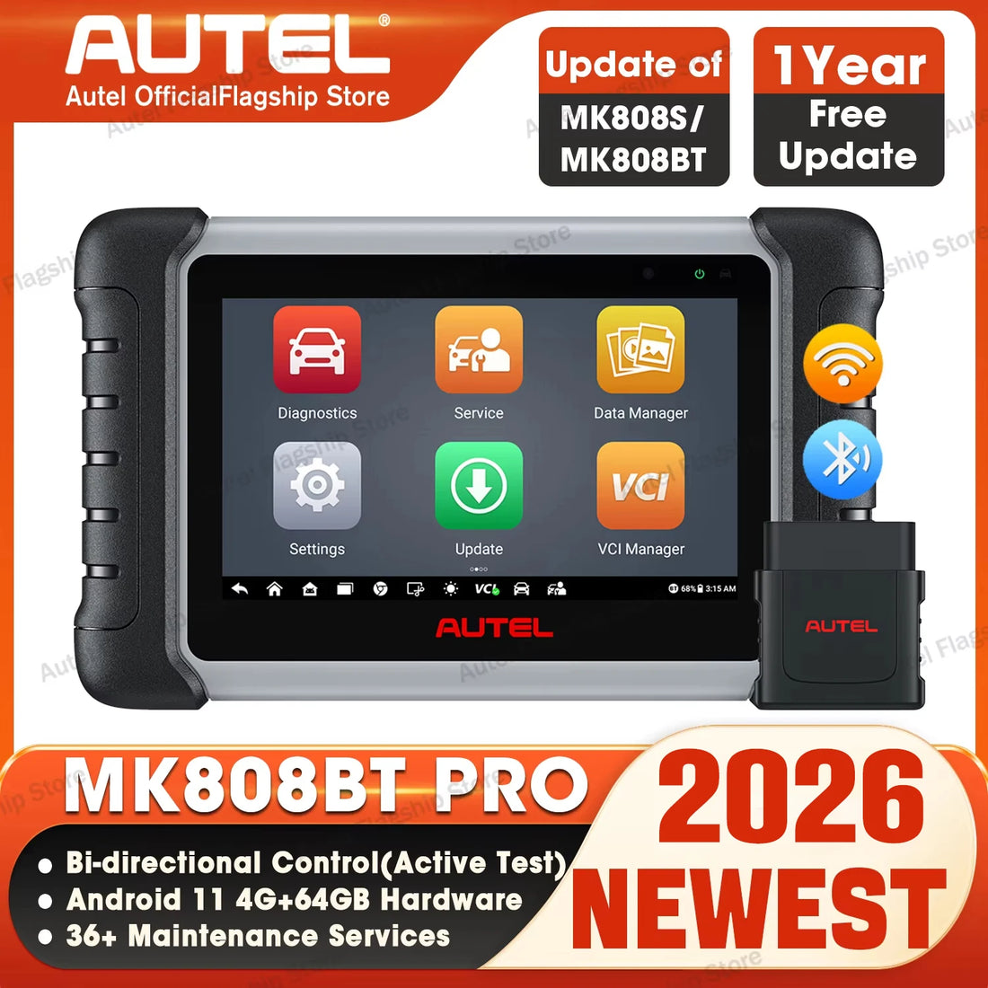 Autel MaxiCOM MK808BT PRO dvipusis automobilių diagnostikos įrankis OBD2 skaitytuvas, klaidų kodų skaitytuvas, visų sistemų diagnostika PK MX808S MK808S