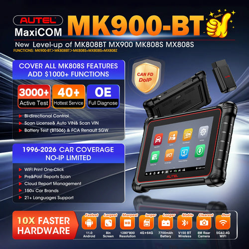 Autel MK900BT features showcasing all systems and OBD2 functions in black and yellow.