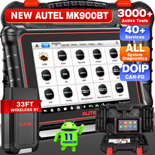 Autel MK900BT scanner with touchscreen display in black and red.