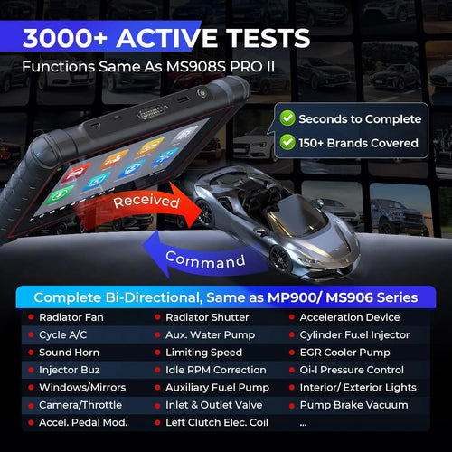 Close-up of Autel MK900 features showcasing active tests and vehicle compatibility in black and blue.