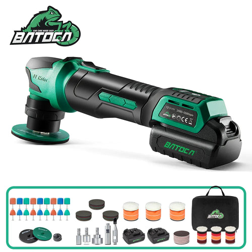 BATOCA cordless car polisher in green and black, front view.