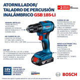 Bosch GSB 185-LI 18V Akku-Schlagbohrmaschinen-Set bürstenlos mit 2x 2,0Ah Akku & Schnellladegerät, 13mm Schnellspannbohrfutter, 50Nm hohes Drehmoment, 2-Gang 500/1900U/min, 1,3kg