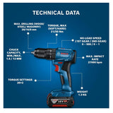 Bosch GSB 185-LI 18V Akku-Schlagbohrmaschinen-Set bürstenlos mit 2x 2,0Ah Akku & Schnellladegerät, 13mm Schnellspannbohrfutter, 50Nm hohes Drehmoment, 2-Gang 500/1900U/min, 1,3kg