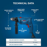 Bosch GSB600 600W Corned 13mm Impact Drill, 0-3000rpm, 48000bpm Impact Rate, 25mm Wood/13mm Concrete/10mm Steel Capacity