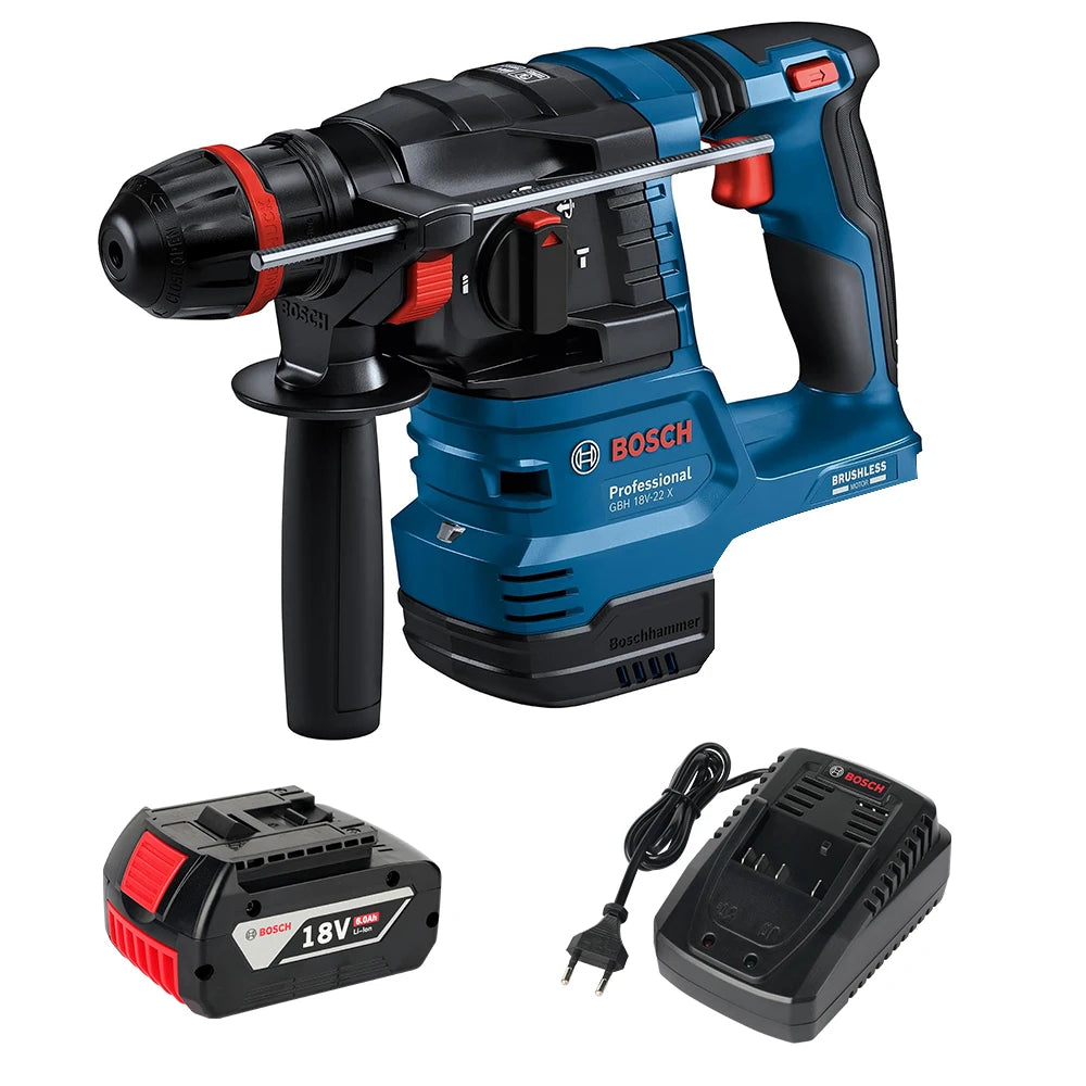 Bosch Professional GBH 18V-22 X Cordless Rotary Hammer, 18V Brushless Motor, 2J Impact Energy, ONECHUCK for SDS-Plus/Cylindrical/Hex Bits, KickBack & Vibration Control, with Battery & Charger