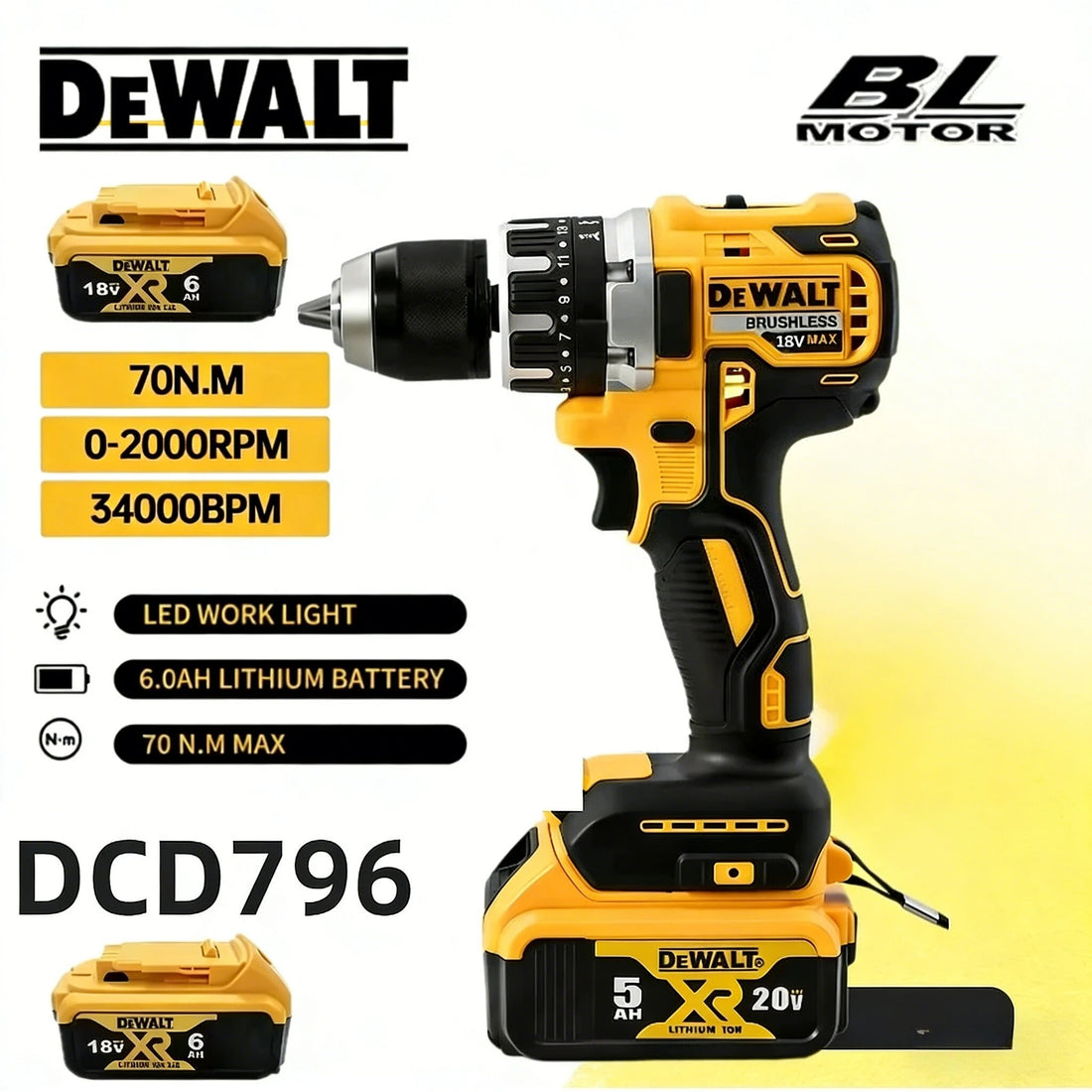 Dewalt Akku-Schlagbohrschrauber DCD796 Multifunktionaler Schraubendreher Wiederaufladbar 18V Elektrowerkzeuge Bürstenloser Motor