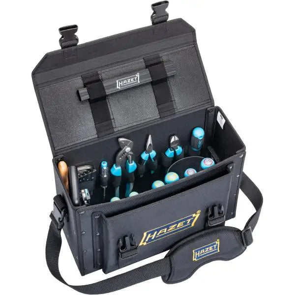 Hazet tool bag with various tools, open lid, black and blue colors, detail view