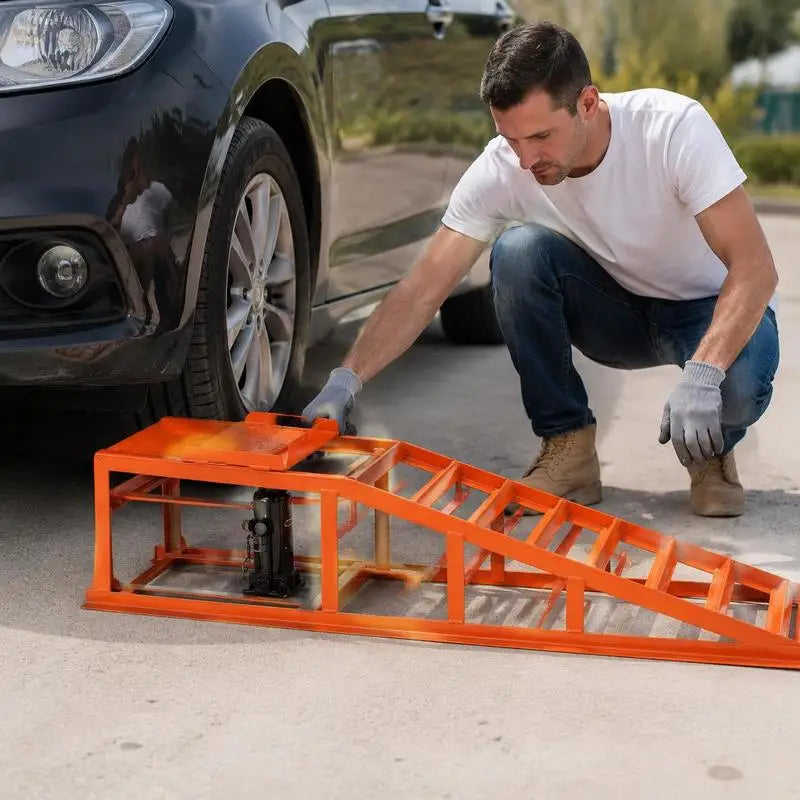 Hydraulic car ramps, 2 pcs., 27-36 cm lifting height, portable car service ramps for garage maintenance, oil changes, and truck repairs, 1 t (per ramp) load capacity.