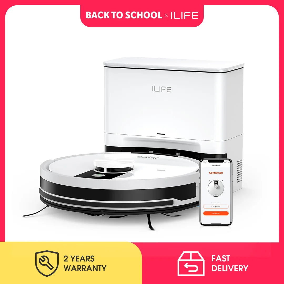 ILIFE A12 Pro robotinis dulkių siurblys ir grindų plovimo įrenginys, savaiminio išsivalymo stotelė 60 dienų, LiDAR navigacija, namų žemėlapių sudarymas, draudžiamos zonos, 2,4G WiFi / programėlė / Alexa / nuotolinis valdymas, skirtas kietoms grindims