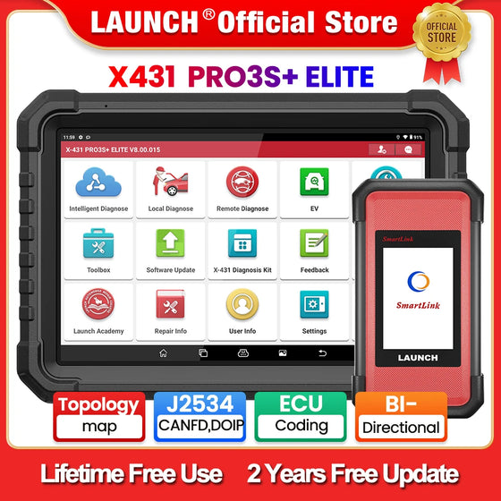 LAUNCH X431 PRO3S+ ELITE automobilinės diagnostikos įrankiai J2534 programos topologijos žemėlapis ECU kodavimas Automatinis OBD OBD2 skeneris CANFD/DoIP/FCA