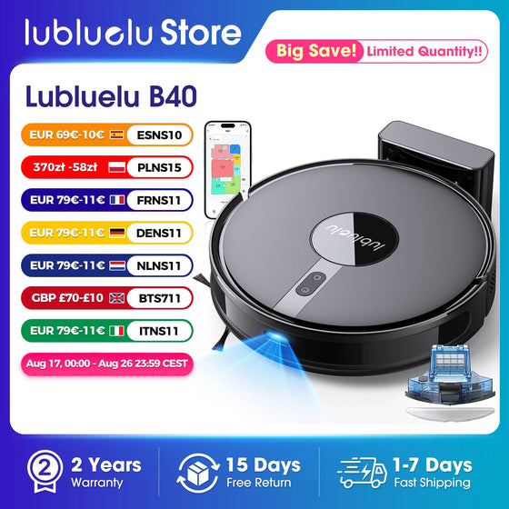 Lubluelu B40 Robotas dulkių siurblys ir grindų plovimo įrenginys, 5800 Pa stipri siurbimo galia, 180 min. ilgas veikimo laikas, valdymas programėle, išmanusis žemėlapių sudarymas, 34 draudžiamos zonos