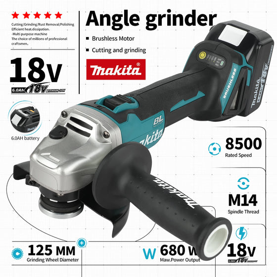 Makita DGA504 125mm bešepetėlinis kampinis šlifuoklis 18V akumuliatorinis šlifavimo pjovimo įrankis, keturių greičių reguliuojamas kampinis šlifuoklis