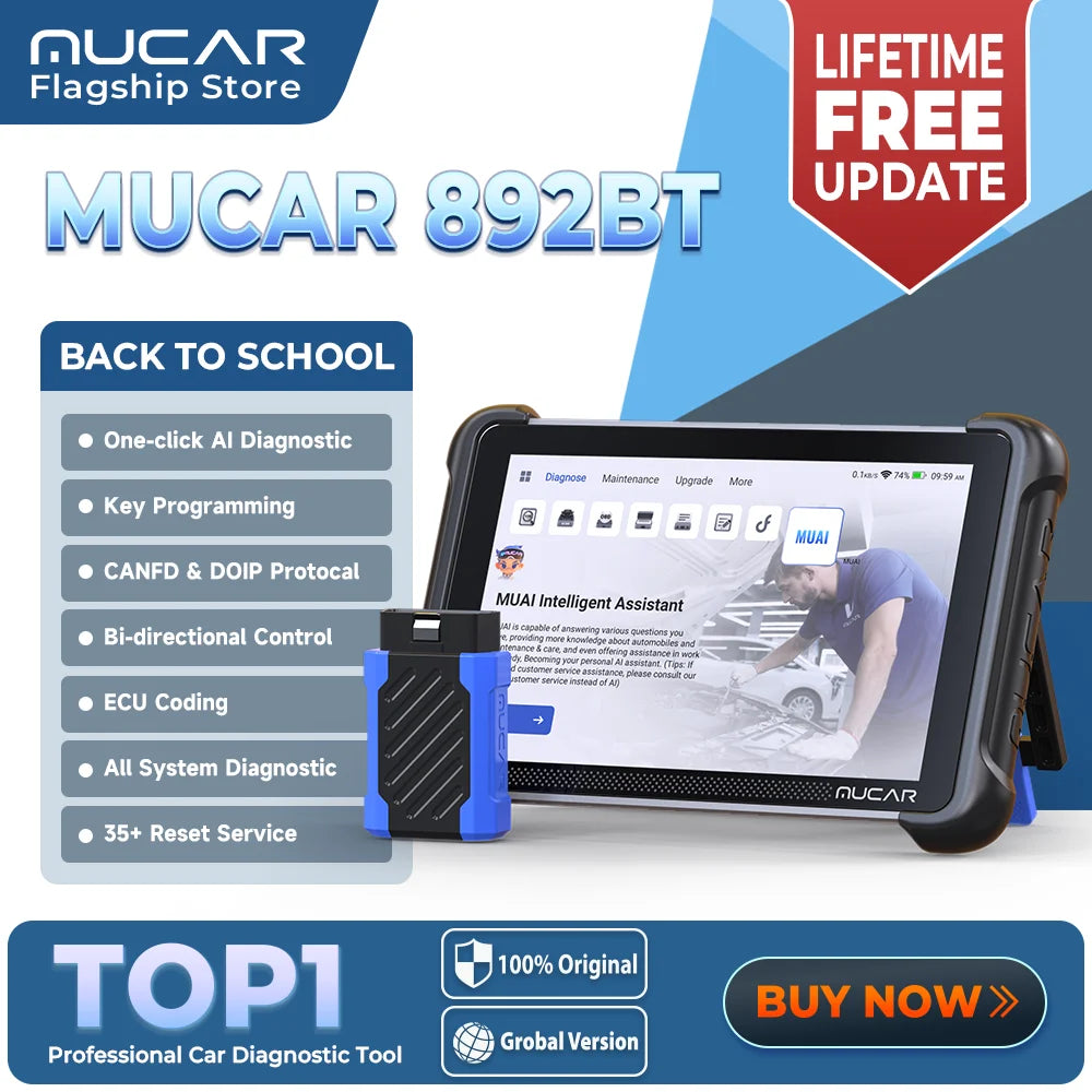 MUCAR 892BT AI raktų programavimas TKEY 101 Automobilių diagnostikos įrankis abipusės krypties Obd2 skeneris ECU kodavimas CANFD DOIP 35 atstatymai