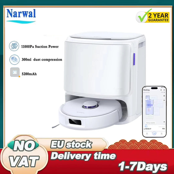 Narwal Freo X10 Pro Robot Vacuum 11000Pa Suction EdgeReach Mop System 8N Pressure Zero Tangling Brush Self Cleaning Dock 120 Days Dust Storage 2.5L Bag Obstacle Avoidance Anti Tangle Side Brush LDS Navigation 5200mAh Battery