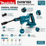 Original Makita DHW180 Wireless Water Jet High Pressure Washer Cordless Portable 18V Power Cleaner Spray Gun for Car Truck SUV Motorcycle Bicycle Garden Patio Fence Deck Window Outdoor Cleaning Compatible with Makita BL1830 B