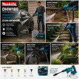 Original Makita DHW180 Wireless Water Jet High Pressure Washer Cordless Portable 18V Power Cleaner Spray Gun for Car Truck SUV Motorcycle Bicycle Garden Patio Fence Deck Window Outdoor Cleaning Compatible with Makita BL1830 B