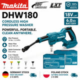 Original Makita DHW180 Wireless Water Jet High Pressure Washer Cordless Portable 18V Power Cleaner Spray Gun for Car Truck SUV Motorcycle Bicycle Garden Patio Fence Deck Window Outdoor Cleaning Compatible with Makita BL1830 B
