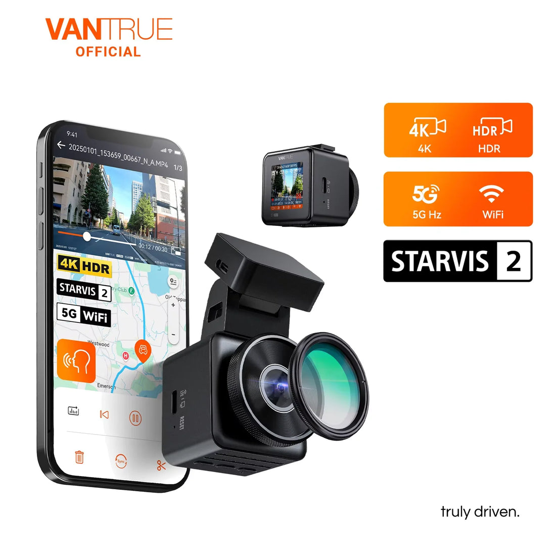 Vantrue E1 Pro 4K Mini priekinė vaizdo kamera STARVIS 2 Plate Pix™ HDR naktinis matymas, 5G WiFi ir GPS palaikymas, iki 1TB