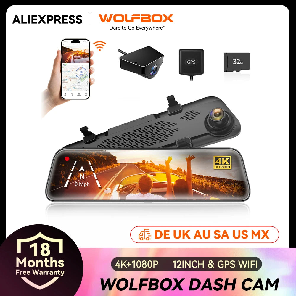 WOLFBOX G840S 12" IPS prietaisų skydelio kamera 4K galinio vaizdo veidrodėlio kamera GPS vaizdo registratorius Naktinio matymo HD dvigubos kameros Automobilinis DVR parkavimo monitorius