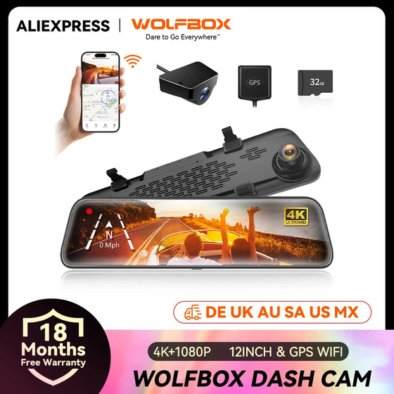 WOLFBOX G840S 12" IPS prietaisų skydelio kamera 4K galinio vaizdo veidrodėlio kamera GPS vaizdo registratorius Naktinio matymo HD dvigubos kameros Automobilinis DVR parkavimo monitorius